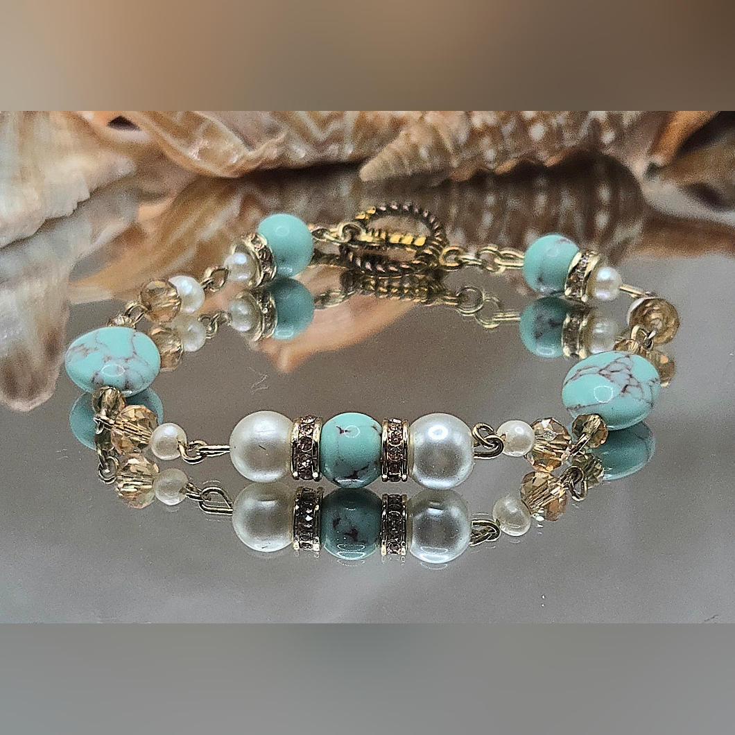Elegant Handmade Turquoise And Pearl Bracelet